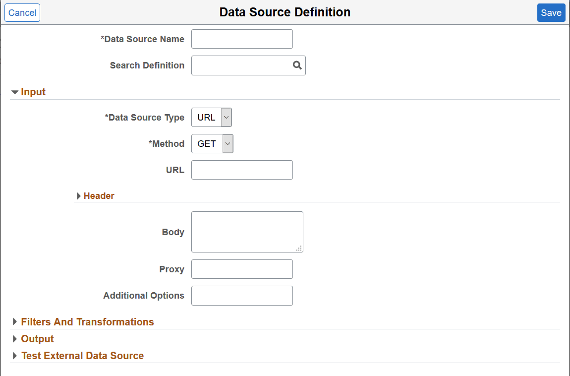 Data Source Definition page Data Source Definition page
