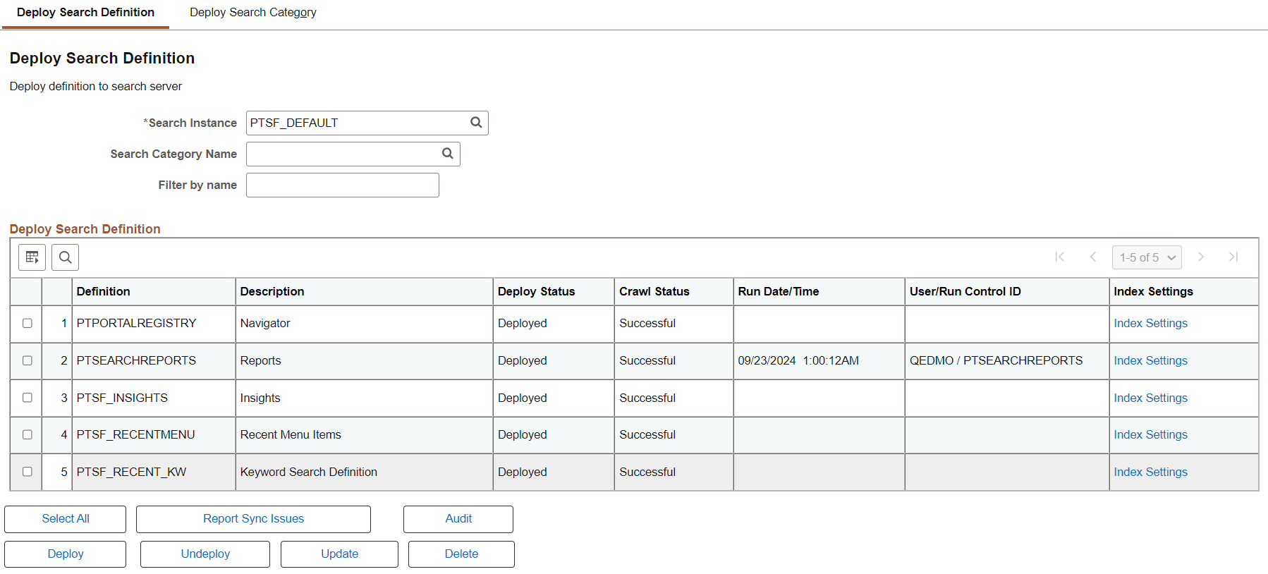 Deploy Search Definition page