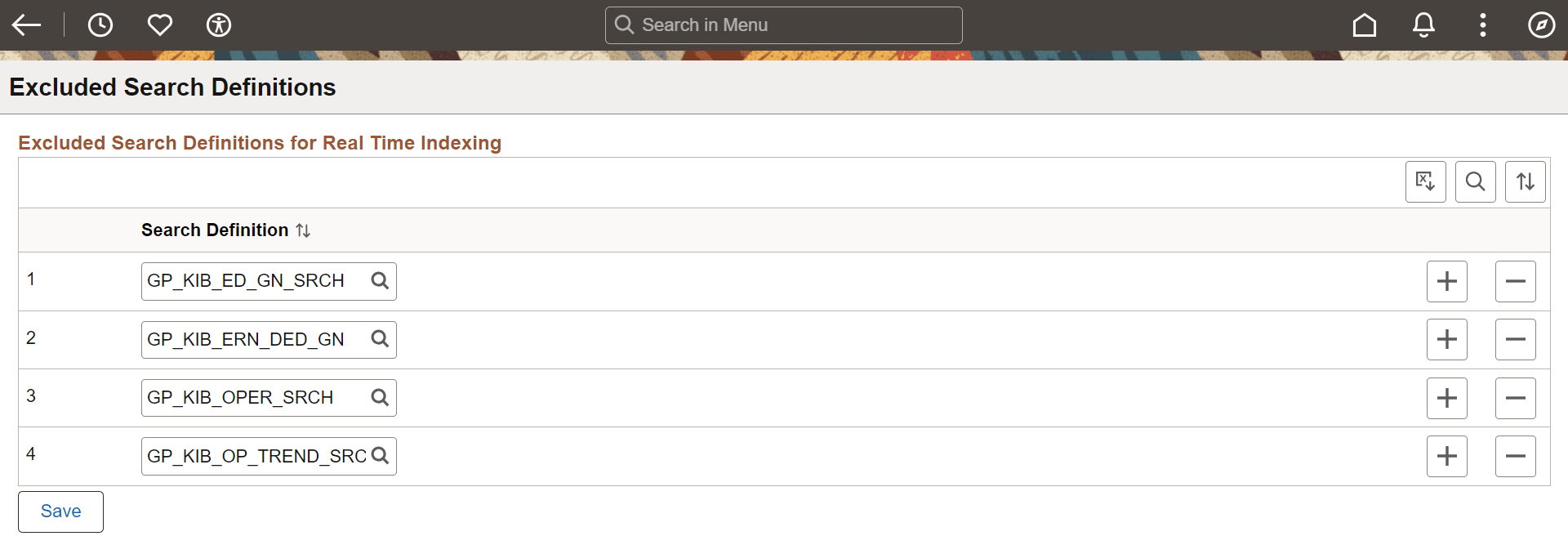 Excluded Search Definitions page Excluded Search Definitions page