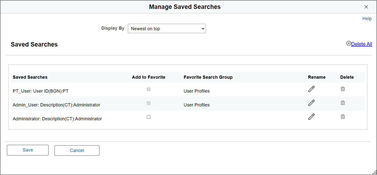 Manage Saved Search dialog box Manage Saved Search dialog box