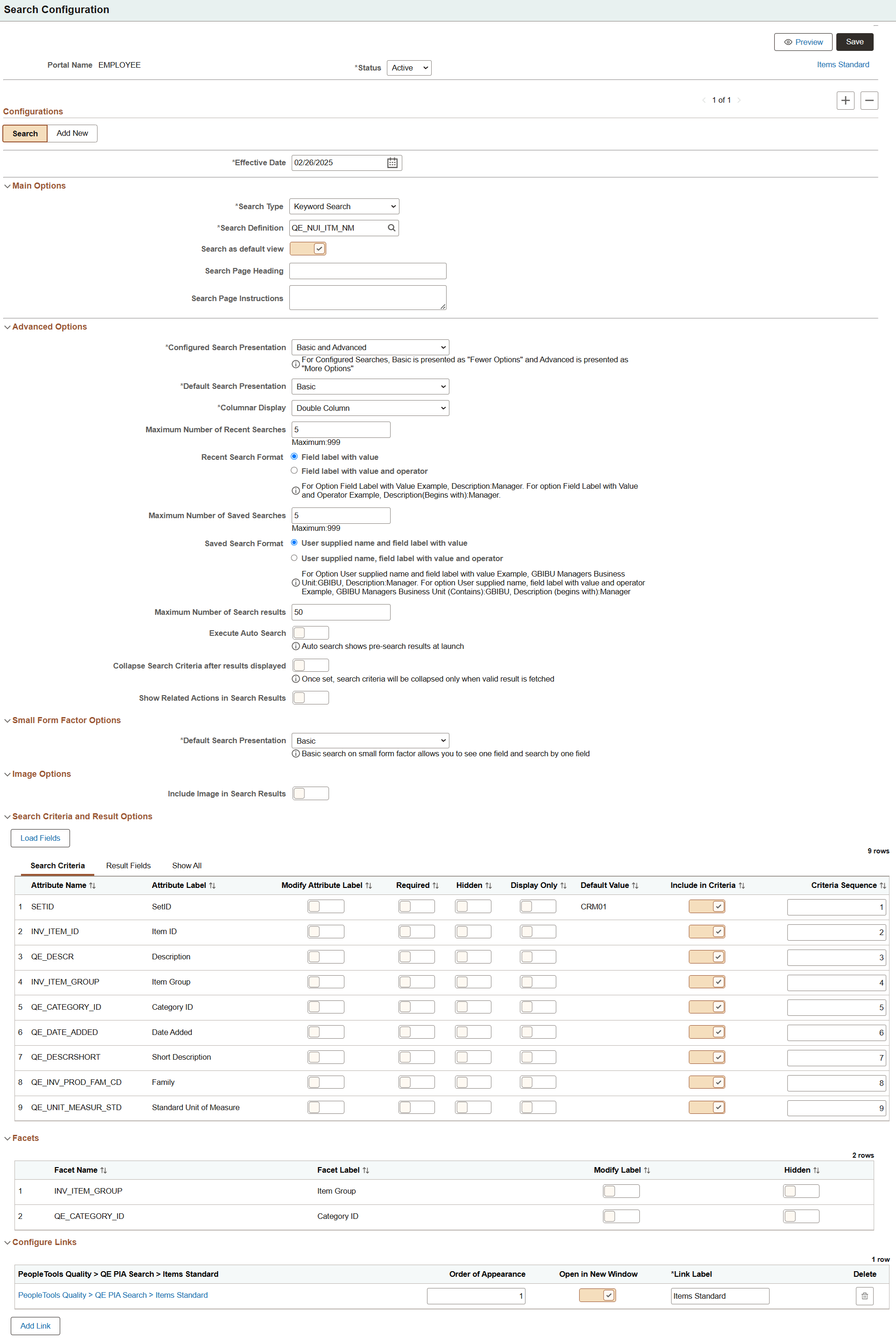 Manage Configurable Search - Facets section