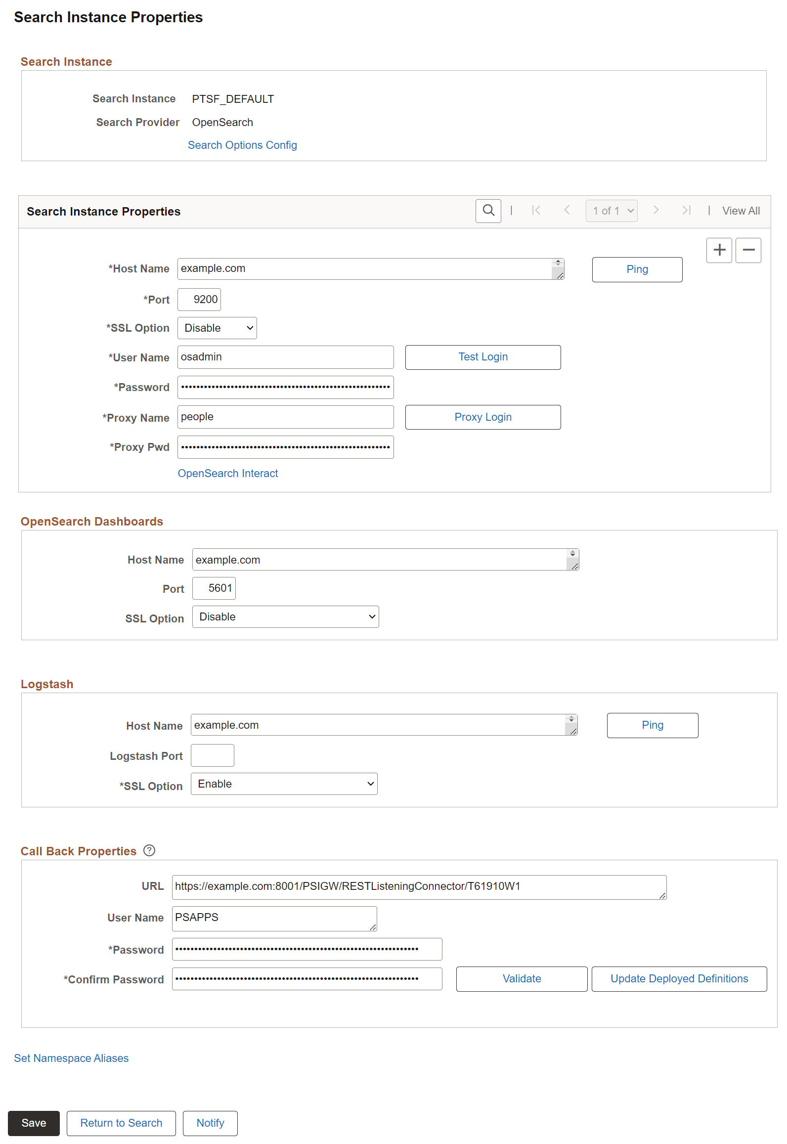 Search Instance Properties page Search Instance Properties page