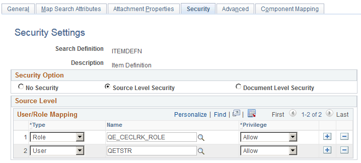 Security page - Source Level Security option Security page - Source Level Security option