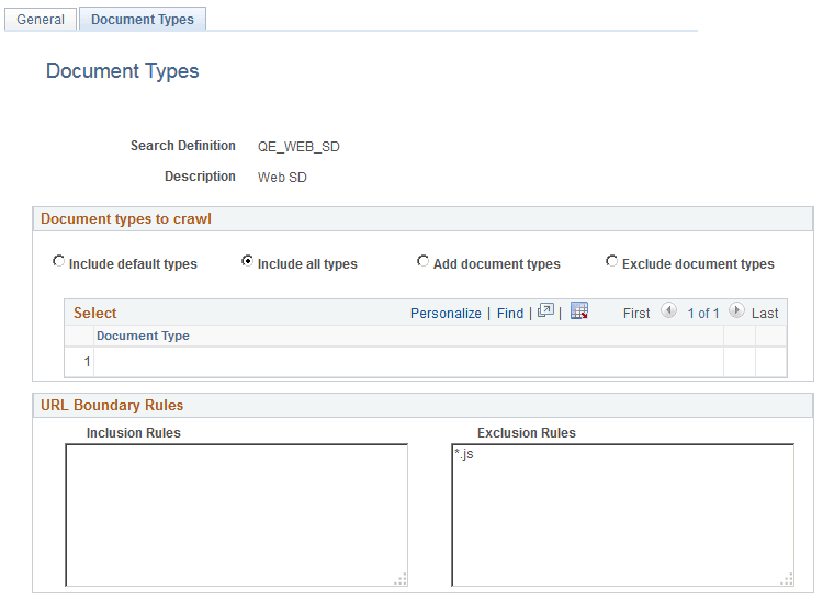 Web Source - Document Types page