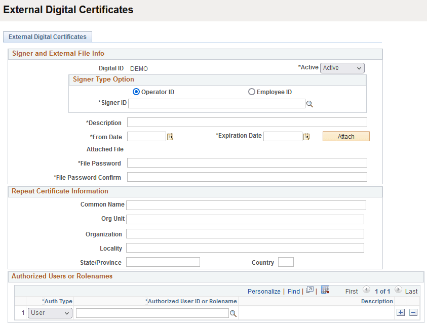 External Digital Certificates page External Digital Certificates page