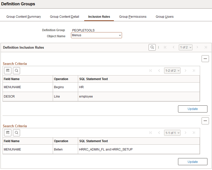 Inclusion Rules page when inclusion rules are defined for a definition object.