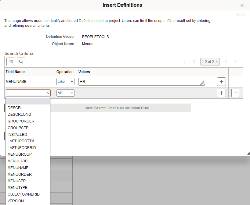 Insert Definitions page showing a drop-down list after adding a second row.