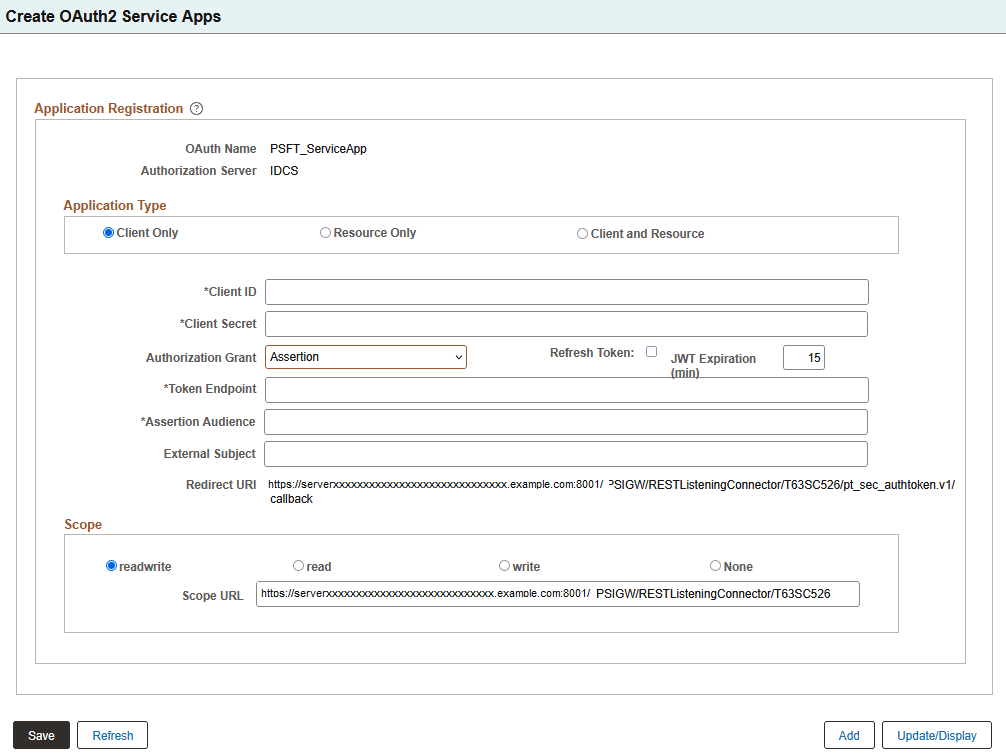 Service Applications page for Client Only