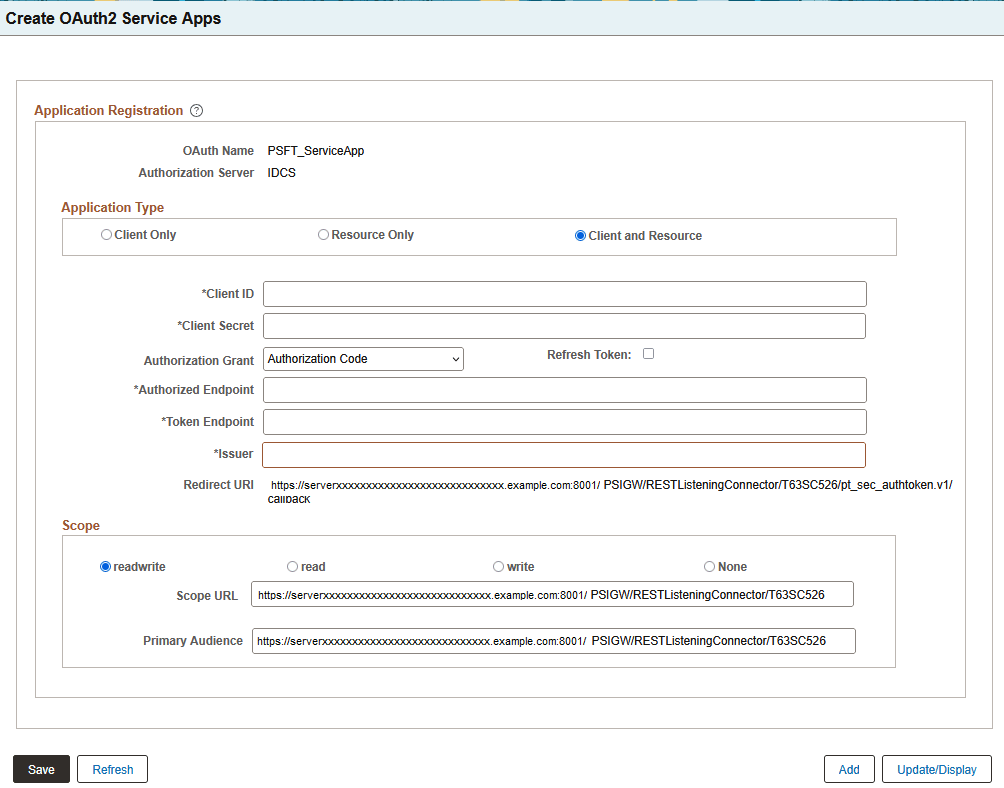 Service Application page for Client and Resource Service Application page for Client and Resource