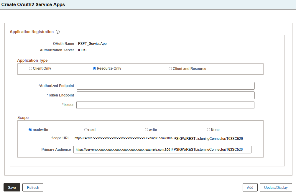 Service Applications page for Resource Only