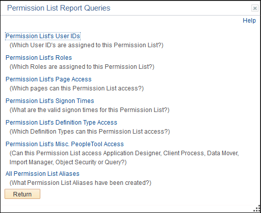 Permission List Report Queries page Permission List Report Queries page