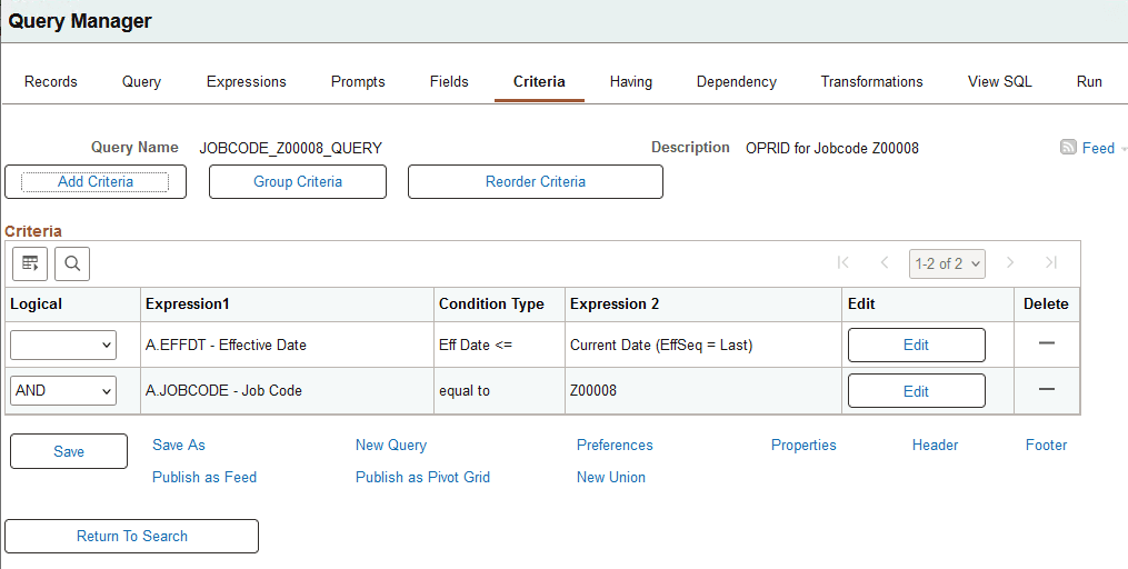 Query Manager - Criteria for role query