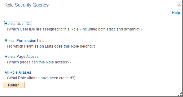 Role Security Queries page Role Security Queries page
