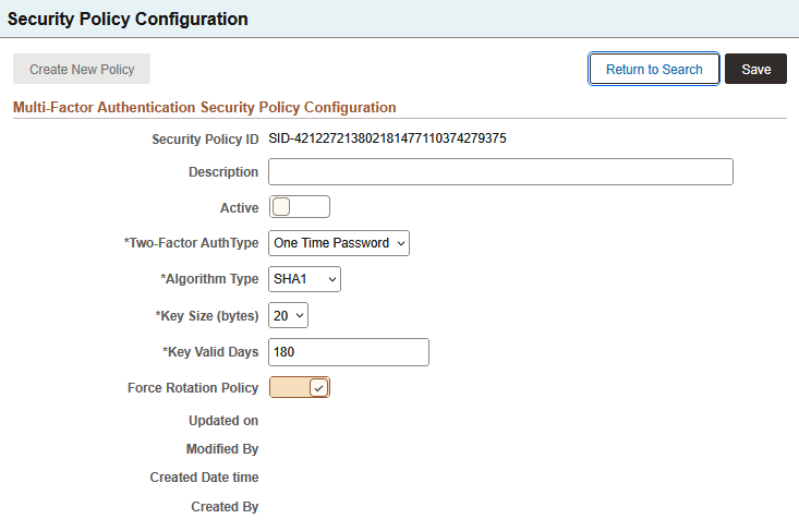 Security Policy Configuration page