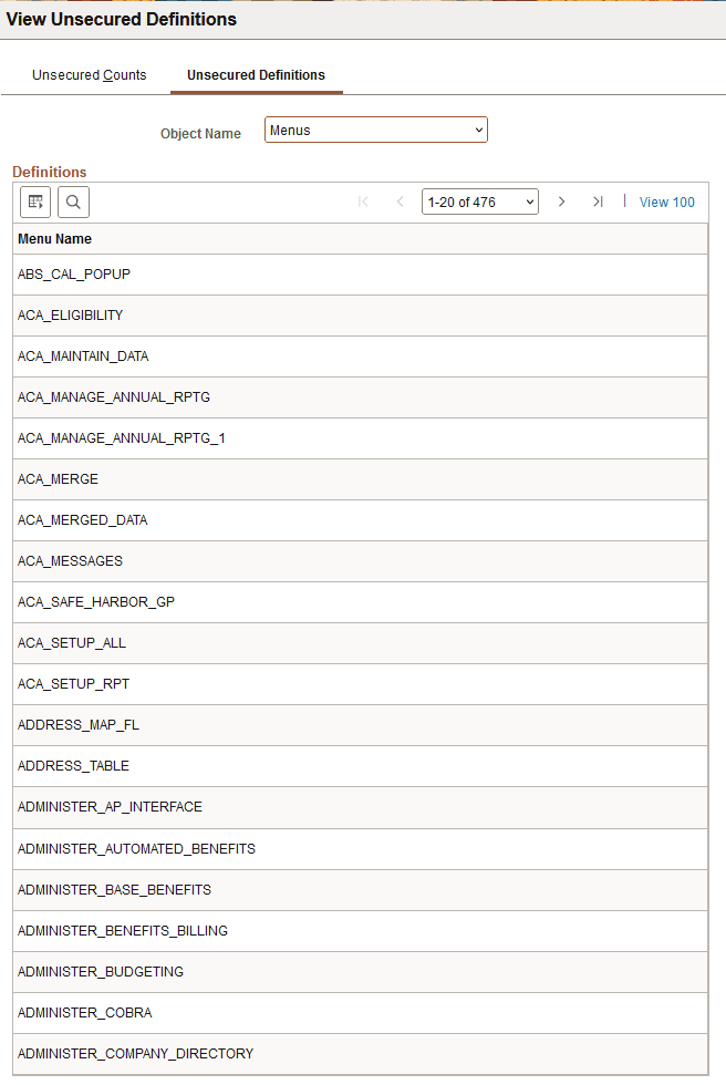 Unsecured Definitions page showing unsecured records for the Menus definition type.