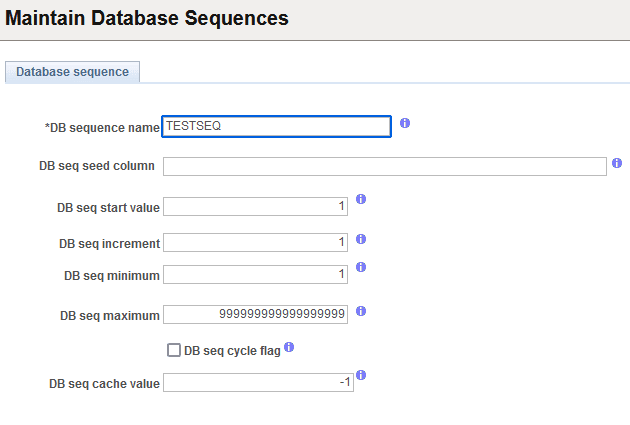 Maintain Database Sequences page Maintain Database Sequences page