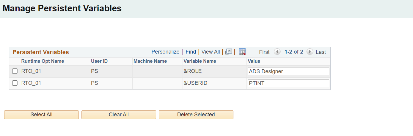 Manage Persistent Variables page Manage Persistent Variables page