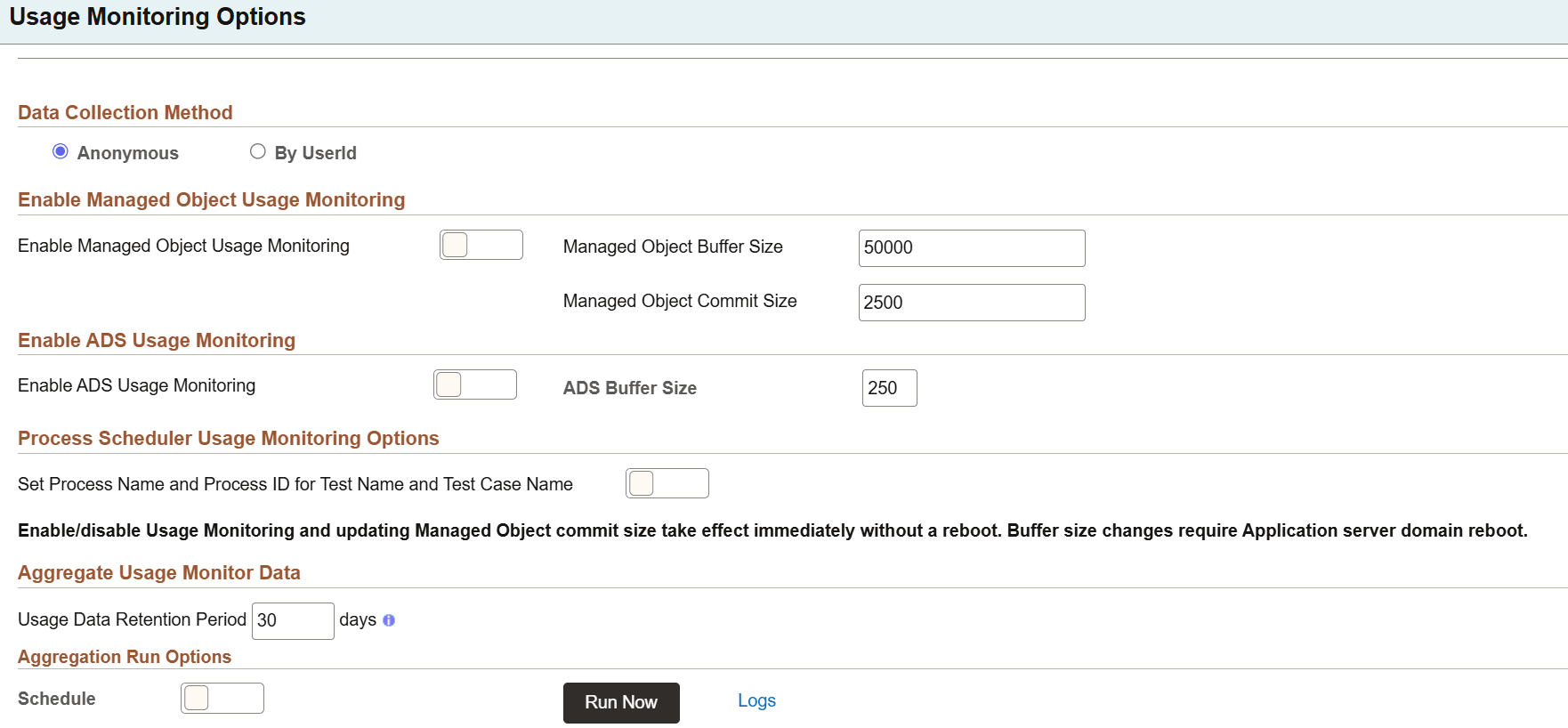 Usage Monitoring Options page