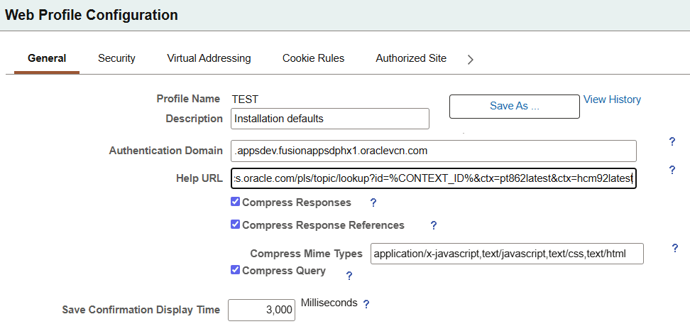 Help URL on the Web Profile Configuration - General page