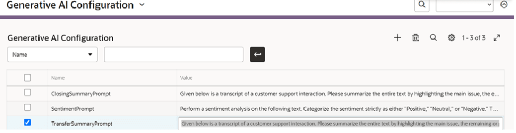 Generative AI Configuration List View