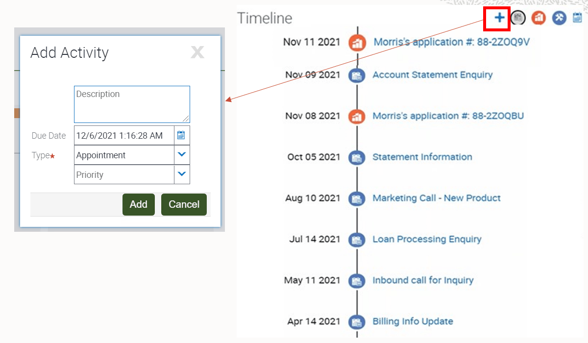 Timeline component and adding an activity: This image is described in the surrounding text.