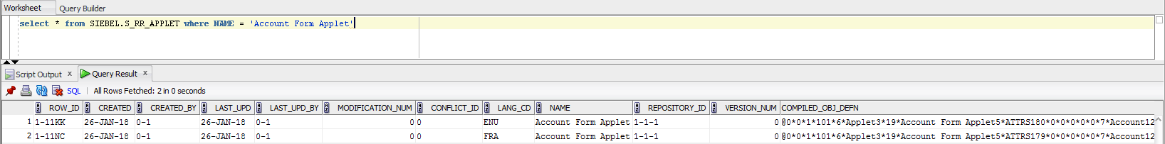The Runtime Repository after running Full Publish for English and French languages: This image shows two records.