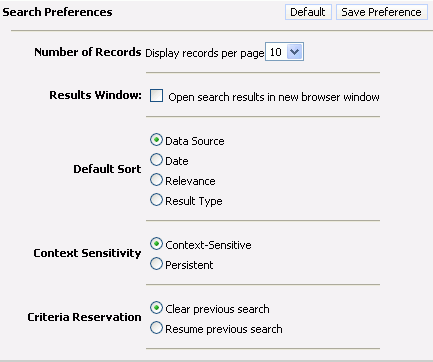 Example of the SearchPreference Template. In this image, the applet is labeled Search Preferences with the buttons: Default and Save Preference appearing after the label. The applet has label and field pairs with drop-down lists, boxes, and radio buttons.