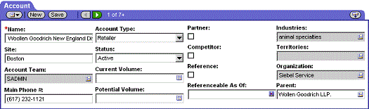 Example of the Parent Style That Some Four Column Templates Use. In this image of a form applet with the title Account, there are four columns with fields. At the beginning of the applet, there are buttons.