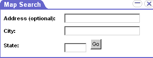 Example of the Applet Form 1-Col Light (Base/Edit/New) Web Template. In this image, the example applet form has a tab labeled Map Search. The applet has label and field pairs in one column. A button labeled Go appears after the last field at the end of the applet.