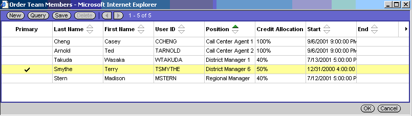 Example of the PopupList Applet Template. In this image, at the beginning of the applet there is a bar with buttons. After the bar, there is a row of column headers. Records appear in the rows after the header row.