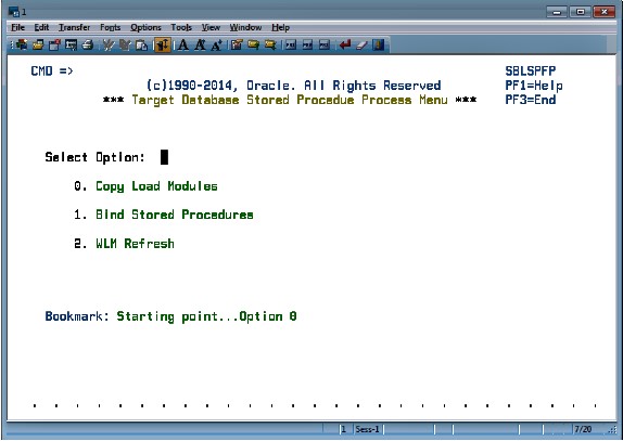 The Target Database Stored Procedure Process Menu options are: 0. Copy Load Modules, 1. Bind Stored Procedures, 2. WLM Refresh.