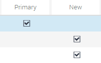 Example of Check Boxes: This image shows 2 columns (a Primary column and a New column) and three rows. In the first row, the check box in the Primary column is selected. In the second and third rows, the check box in the New column is selected.