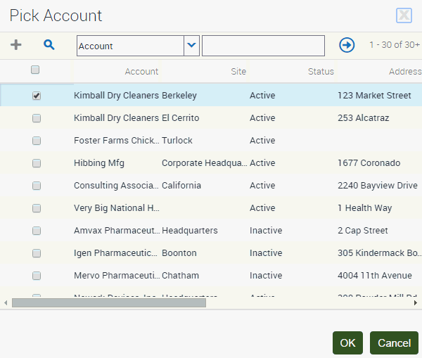 Example of a Single Selection Dialog Box for Pick Account: This image shows a list of accounts. The check box for the first record in the list is selected. There is an OK and a Cancel button.