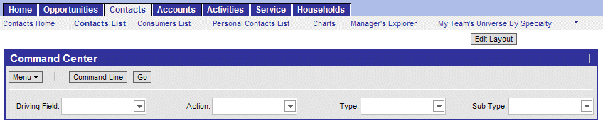 This figures shows the Command Center Action Form and the four menus that the user must enter specific line syntax.
