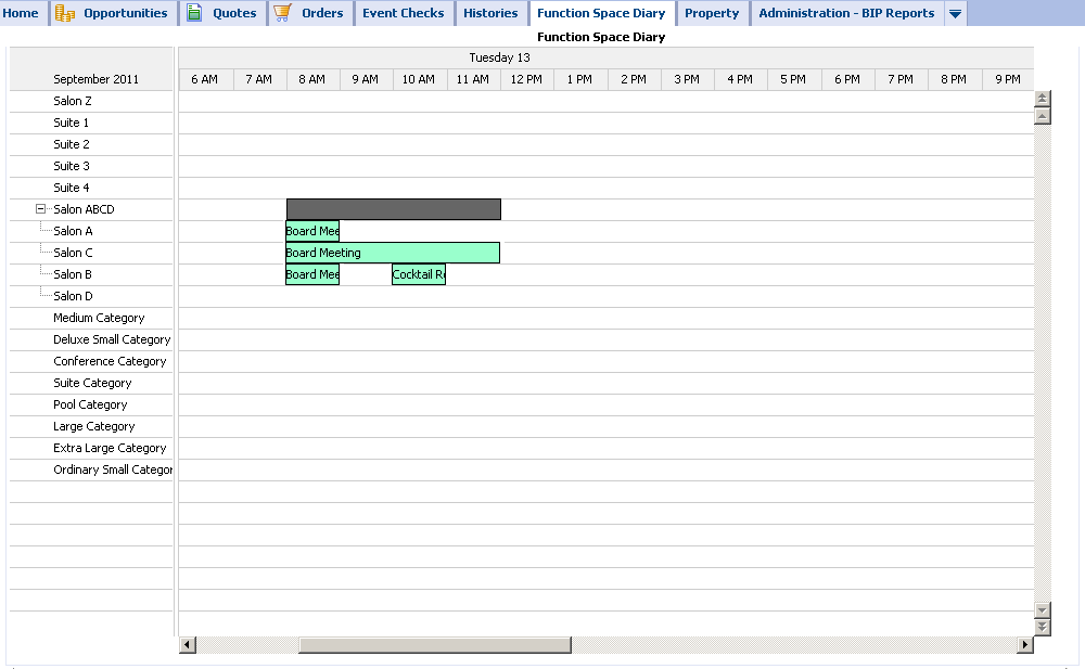 Function Space Diary Compact Diary View: This image shows the Compact Diary view of meetings scheduled for and the blocked out time for Tuesday 13 September.