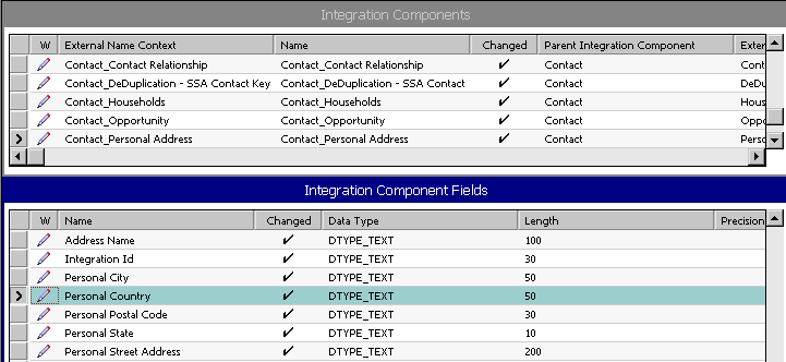 Integration Component Fields in the Contact Integration Object. In this image, there is a list applet labeled Integration Components. The list applet that follows is labeled Integration Component Fields.