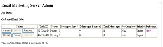 Email Marketing Server Jobs Console. This image is described in surrounding text.