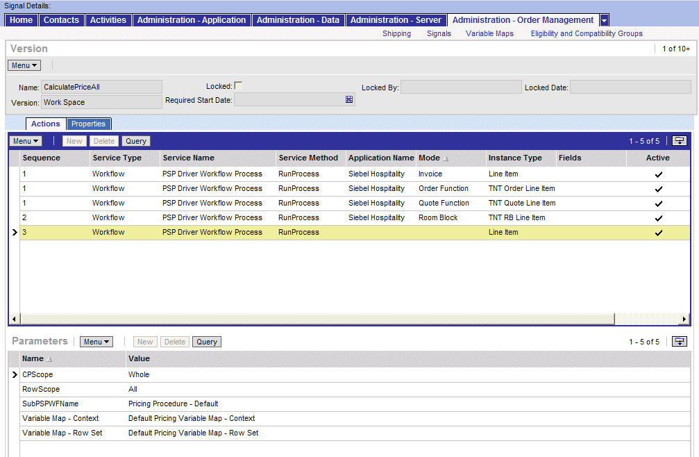This image of the Administration - Order Management screen includes a form applet, an Actions list applet, and a Parameters list applet.