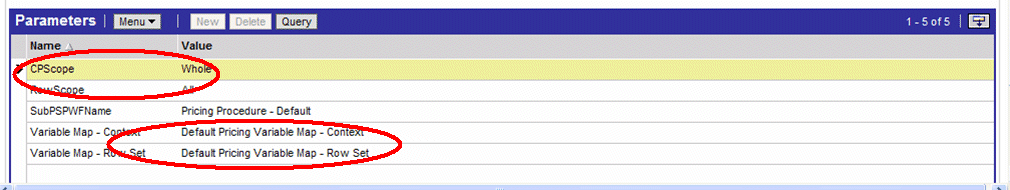 Signal Parameters for Variable Maps. This image shows the Parameters list applet. The parameter CPScope is selected and the values Default Pricing Variable Map — Context and Default Pricing Variable Map — Row Set are selected.
