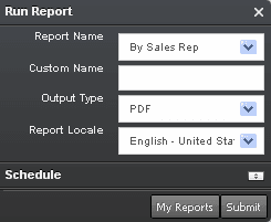 Run Report Pane in the Siebel Open UI Client. In this image, the Run Report Pane has the following fields: Report Name, Custom Name, Output Type, Report Locale. After these fields, Schedule appears with a button with up and down arrows. After schedule , there are two buttons: My Reports and Submit.