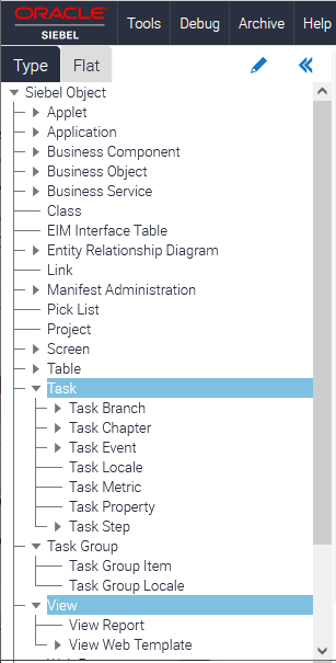 Task object type hierarchy in the Object Explorer: This image is described in the surrounding text.
