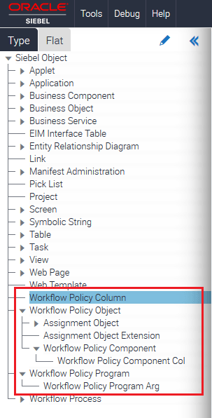 Workflow Policy Object Type Hierarchy in the Object Explorer in Siebel Tools. This image is described in the surrounding text.