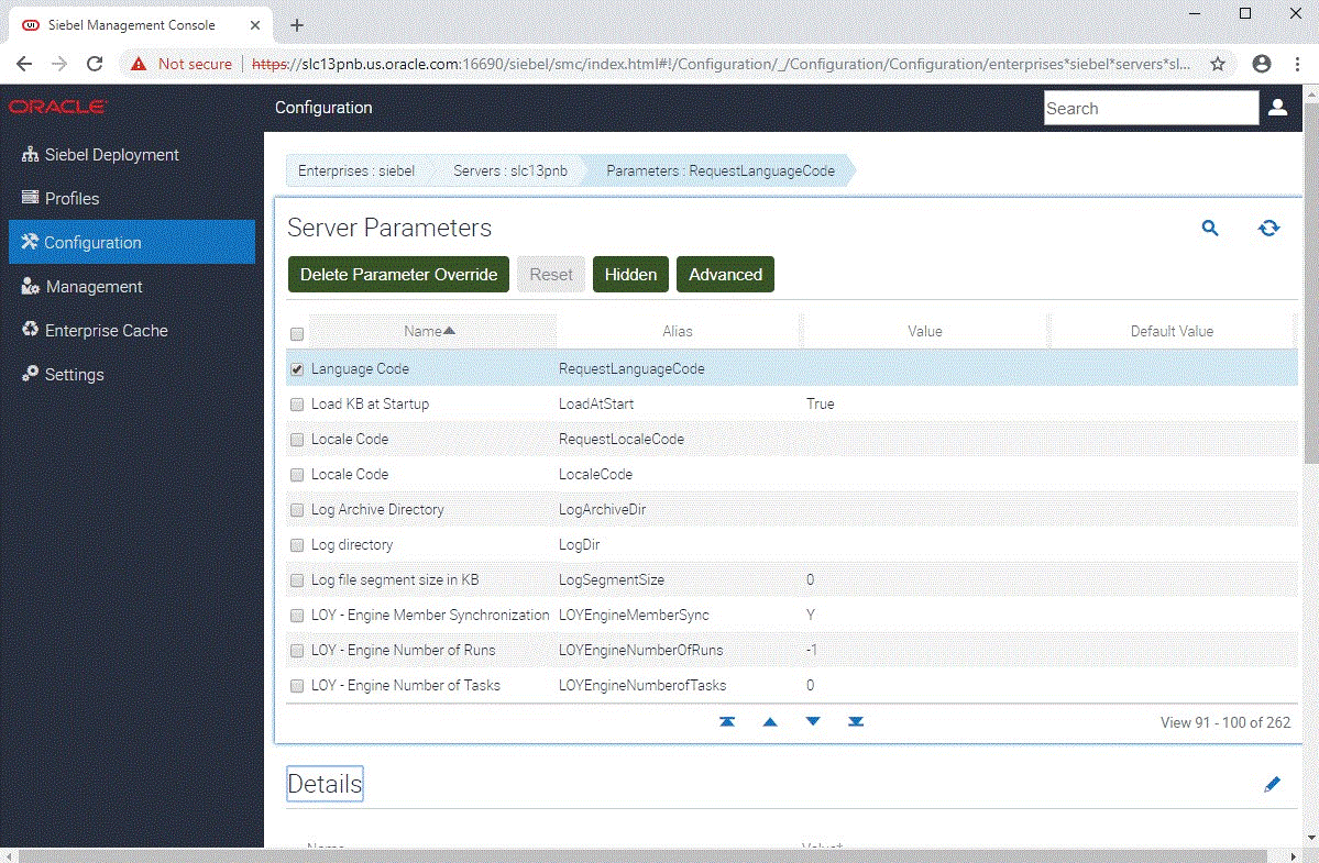 Configuration Screen in Siebel Management Console: This image is described in the surrounding text.