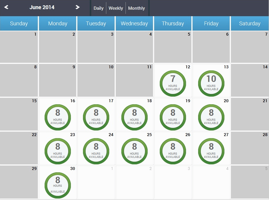 Example of Calendar Availability: This image shows that there are 7 hours available on June 12, 10 hours available on June 13, and 8 hours available on June 16 to 20, June 23 to 27, and June 30.