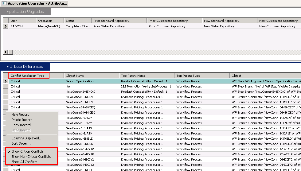 This image shows the critical conflicts (in the Attribute Differences view) for the SADMIN Application Upgrade.