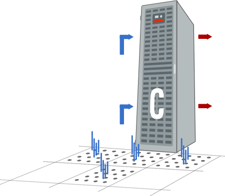 Illustration of an Oracle Cloud Machine with four floor ventilation tiles for cooling.