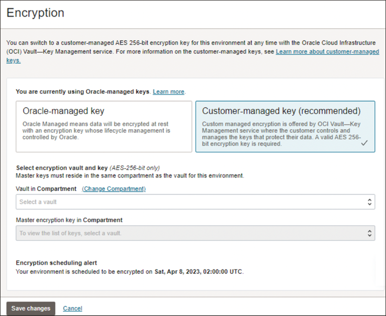 Adding a customer-managed key to an existing environment, highlighting the Customer-managed key selection