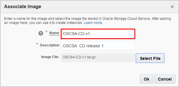 Screenshot showing an example of the Associate Image dialog box in Oracle Compute Cloud Service.