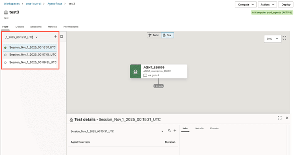 Agent test playground with chat pane highlighted. Multiple sessions are displayed. Agent test playground with chat pane highlighted. Multiple sessions are displayed.