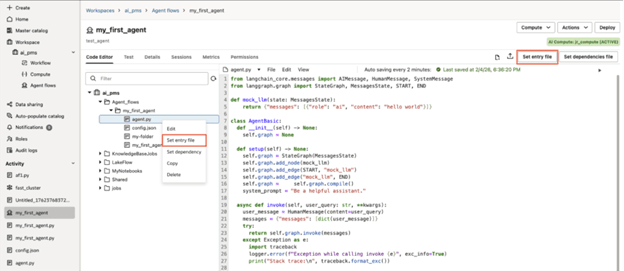 Agent Code Editor open with file selected in left pane. Set entry file is highlighed in the right-click menu and the top right of the code editor Agent Code Editor open with file selected in left pane. Set entry file is highlighed in the right-click menu and the top right of the code editor